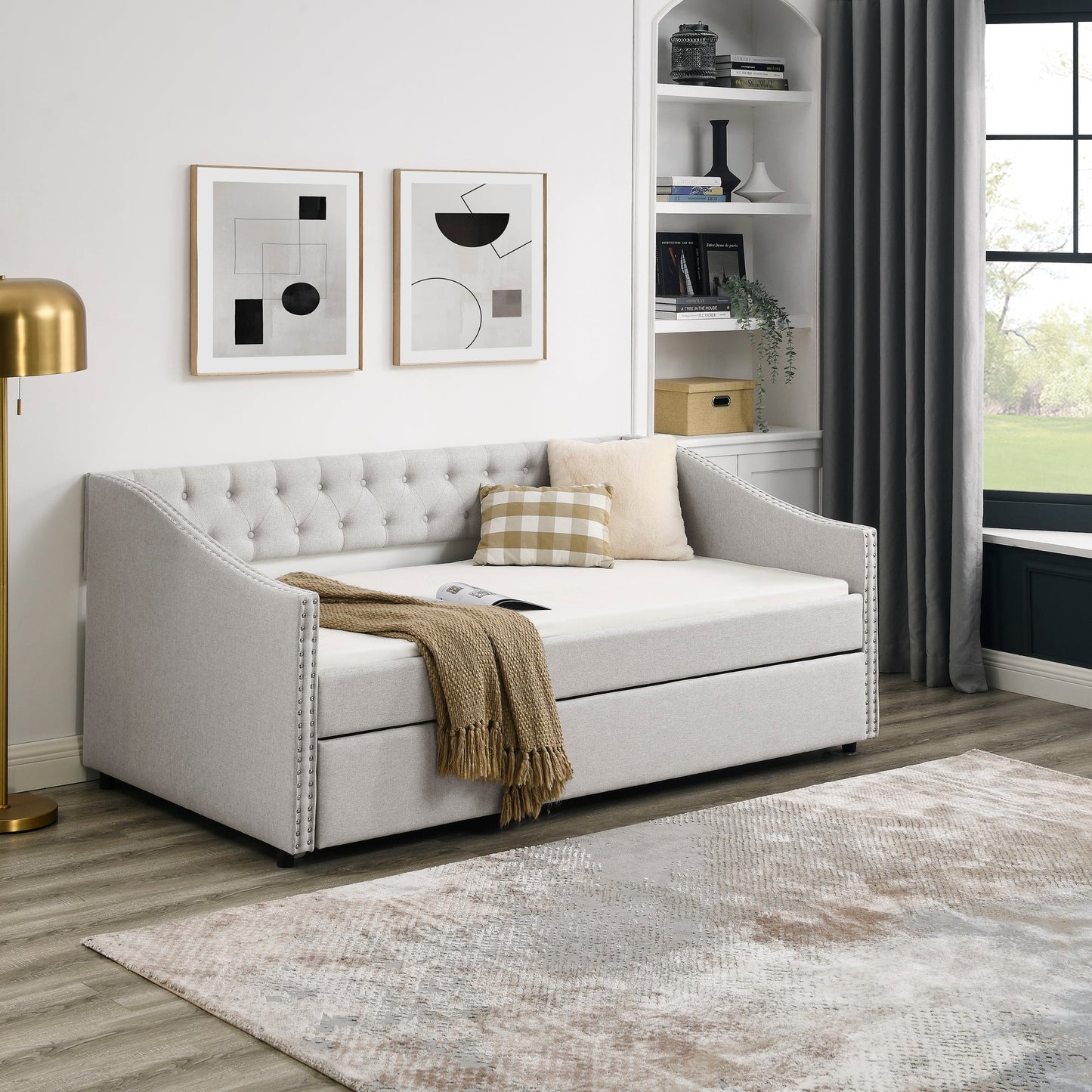 Twin Size Upholstered Daybed with Twin Size Trundle