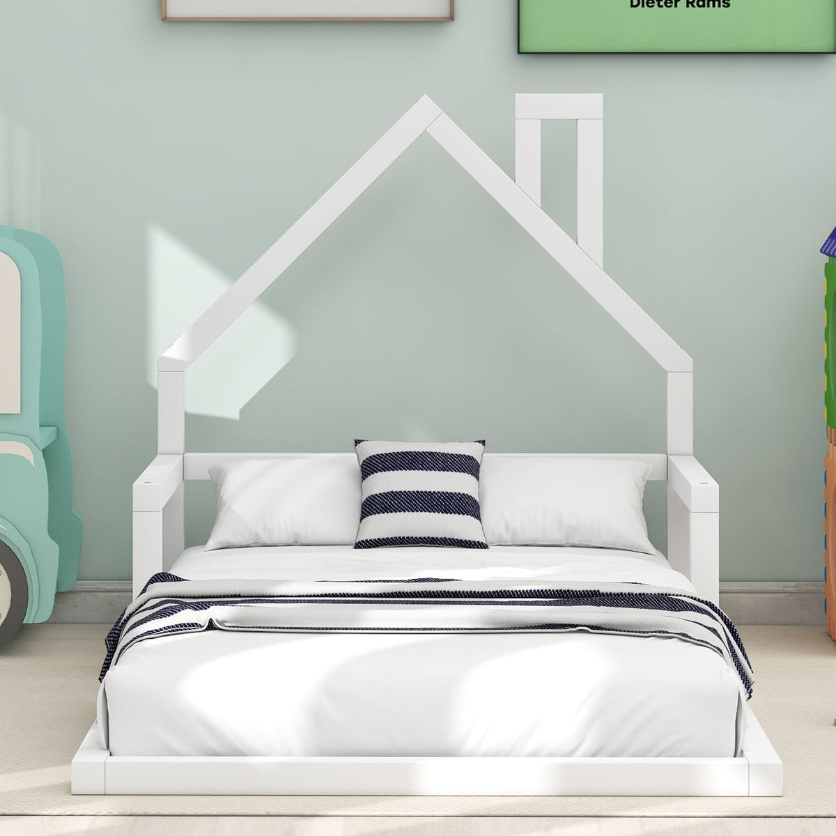 Twin Size Wood Floor Bed with House-shaped Headboard