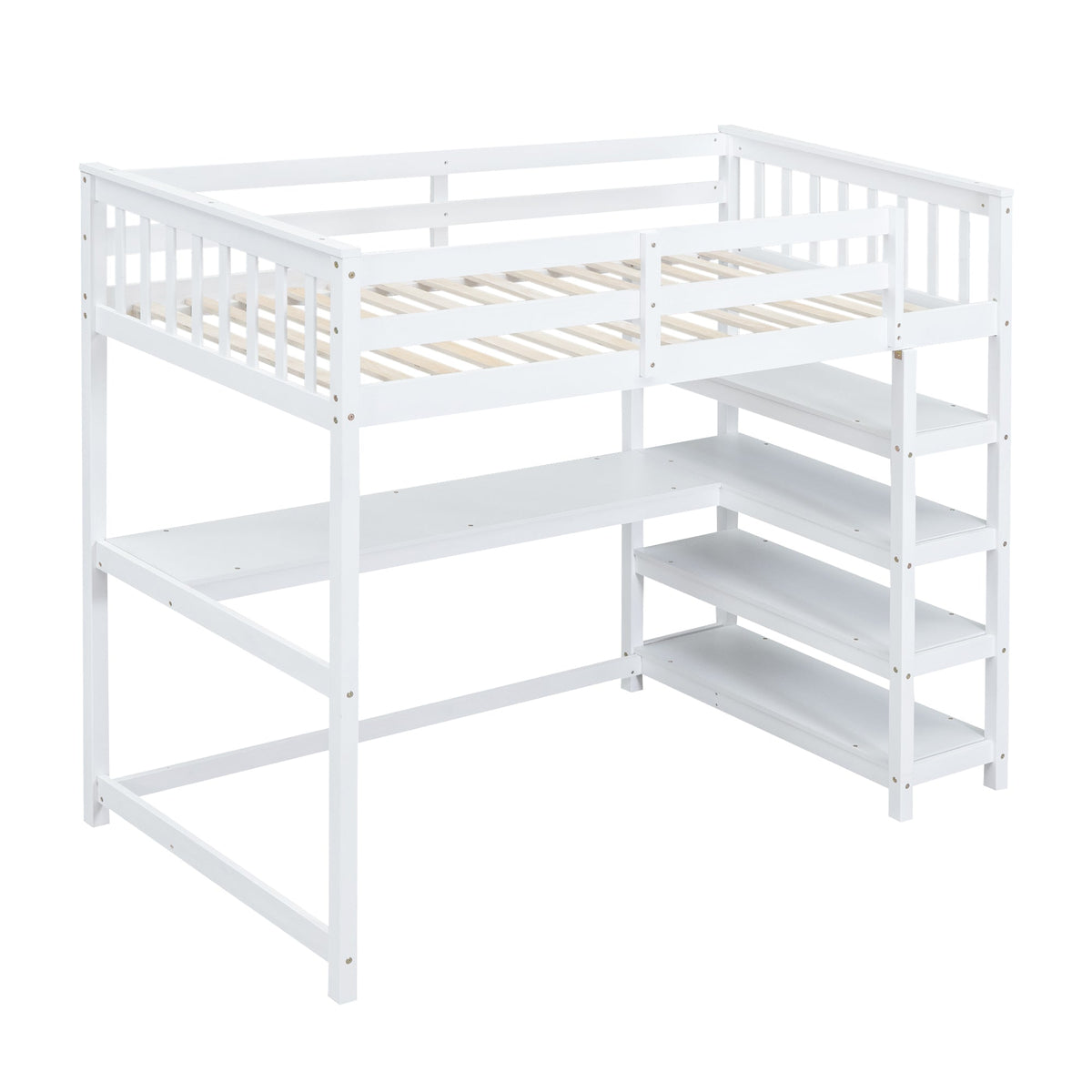 Twin Size Loft Bed with Storage Shelves and Under-bed Desk