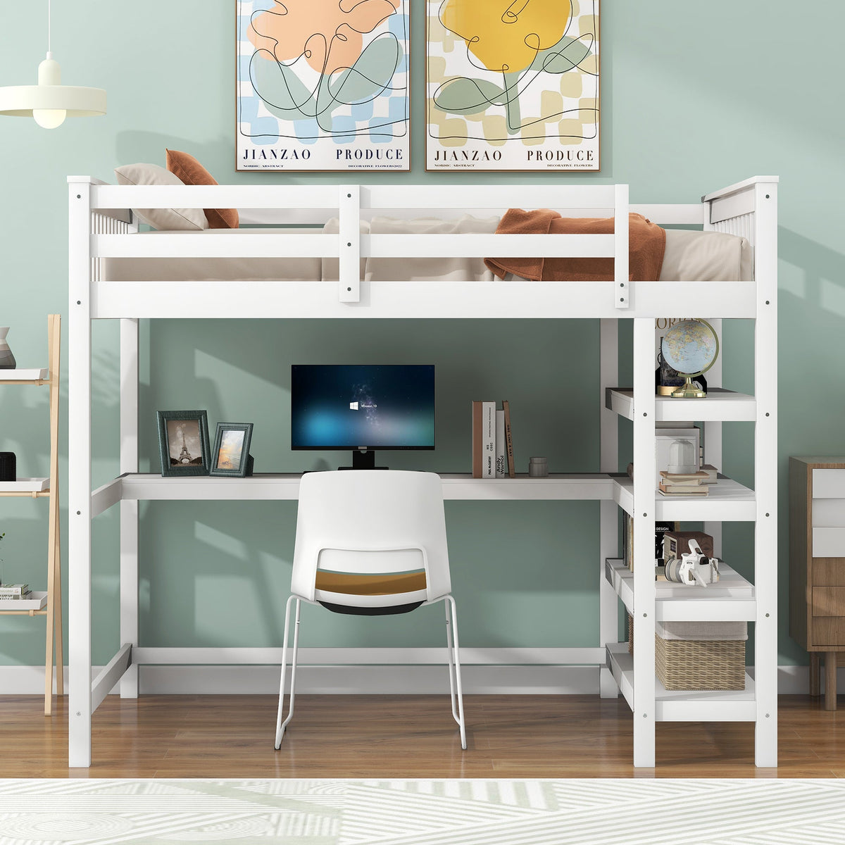 Full Size Loft Bed with Storage Shelves and Under-bed Desk