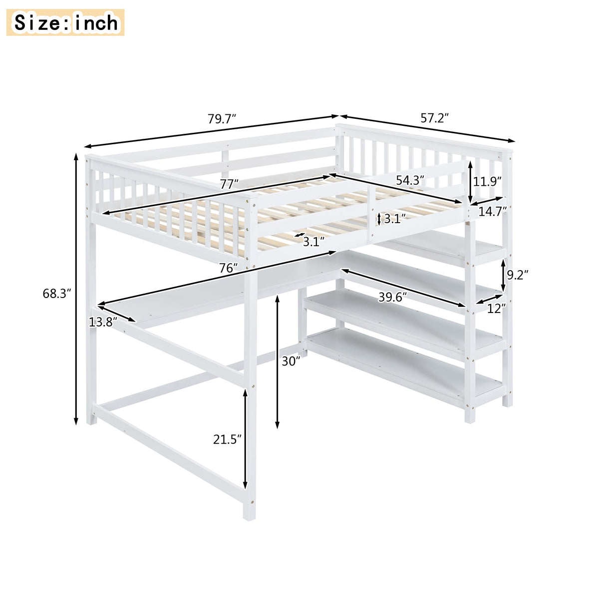 Full Size Loft Bed with Storage Shelves and Under-bed Desk