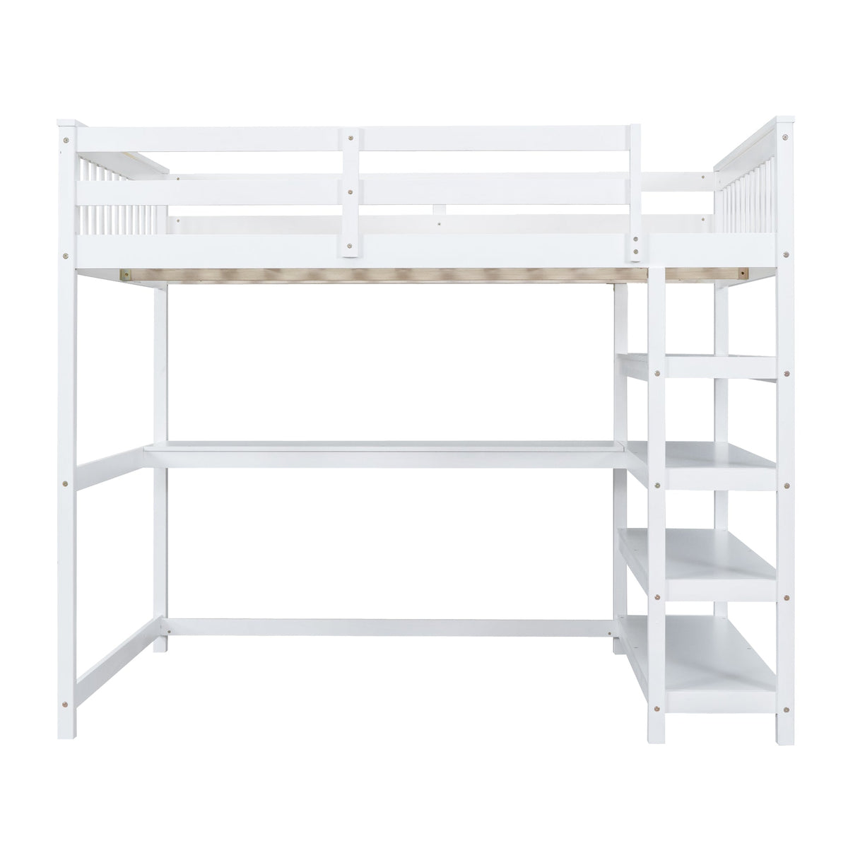 Full Size Loft Bed with Storage Shelves and Under-bed Desk