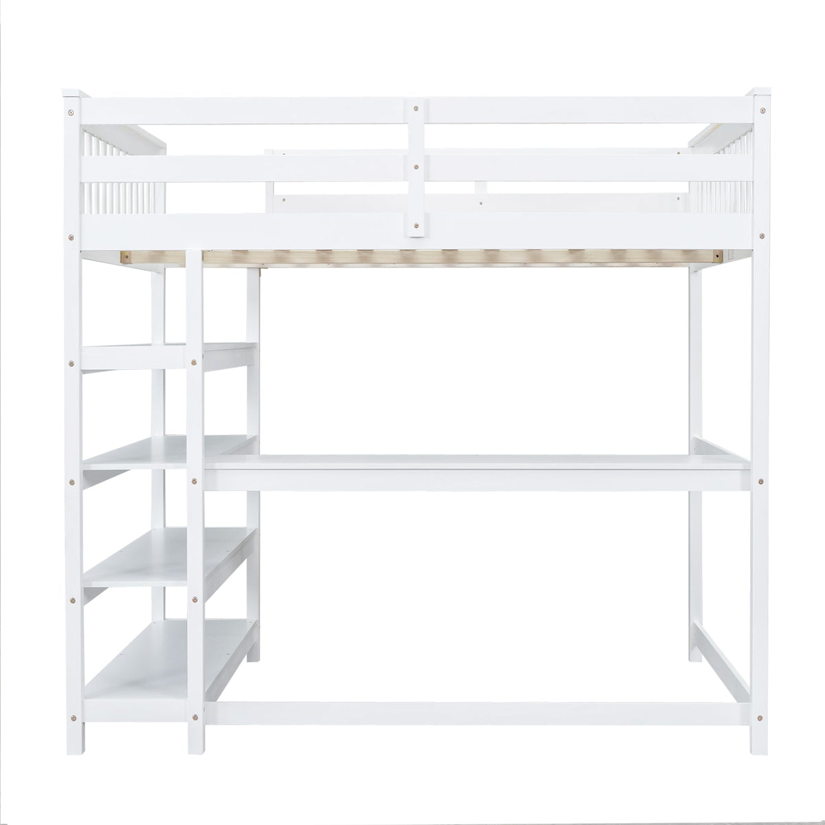 Full Size Loft Bed with Storage Shelves and Under-bed Desk