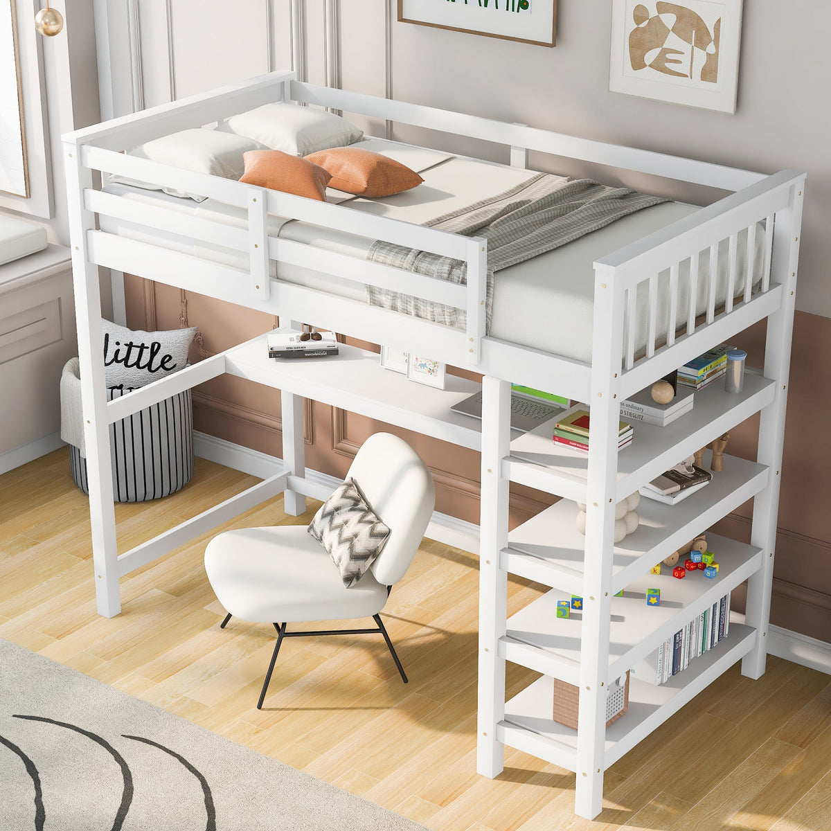 Twin Size Loft Bed with Storage Shelves and Under-bed Desk