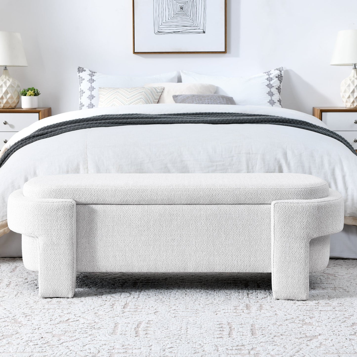 Linen Fabric Upholstered Bench with Large Storage Space