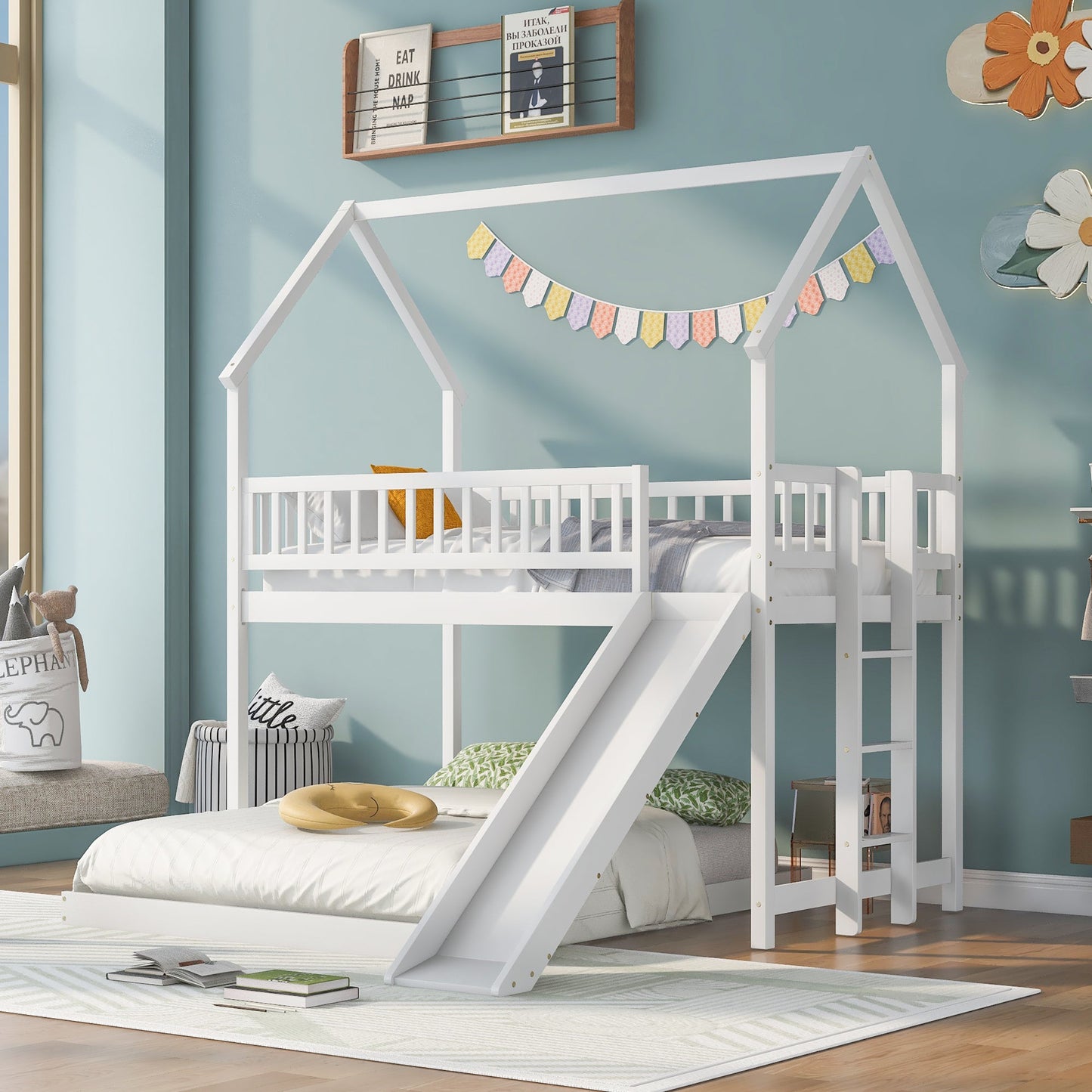 Twin Over Full House Bunk Bed With Slide and Built-in Ladder