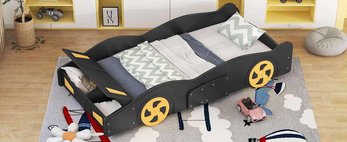 Twin Size Race Car-Shaped Platform Bed with Wheels and Storage