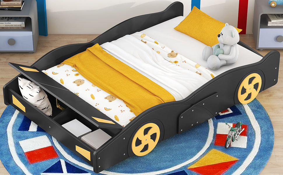 Full Size Race Car-Shaped Platform Bed with Wheels and Storage