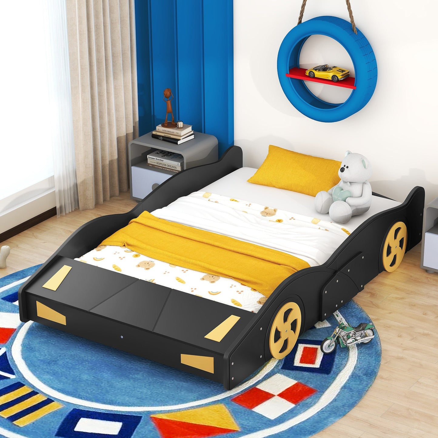 Full Size Race Car-Shaped Platform Bed with Wheels and Storage