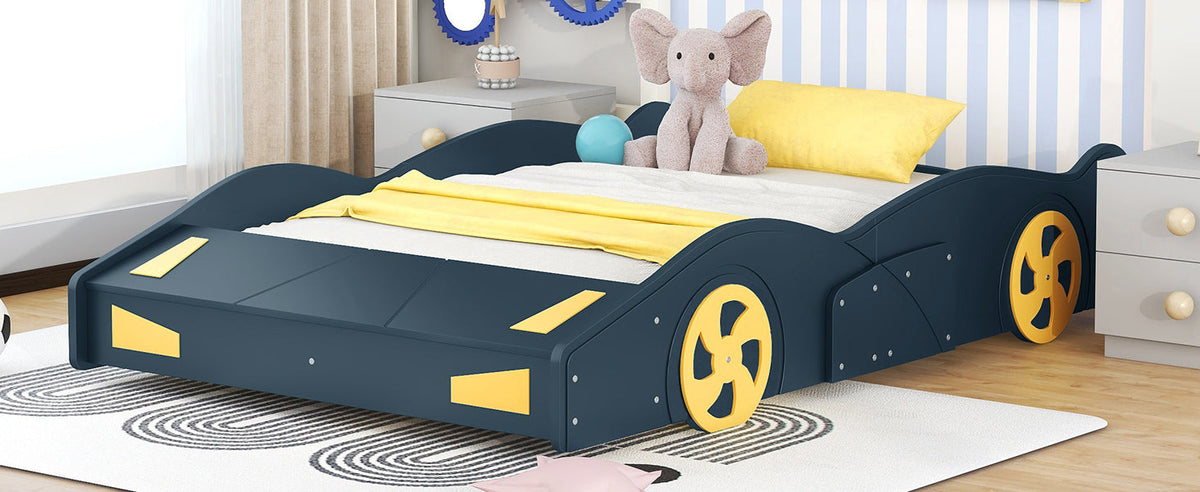 Full Size Race Car-Shaped Platform Bed with Wheels and Storage