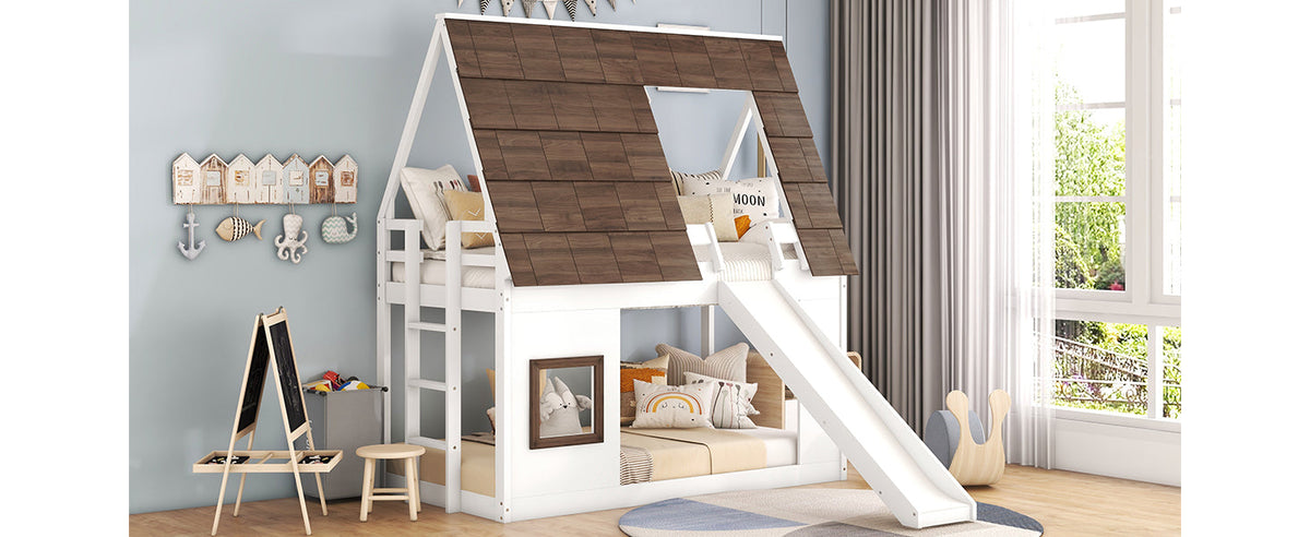 Wood Twin Size House Bunk Bed with Roof, Ladder and Slide