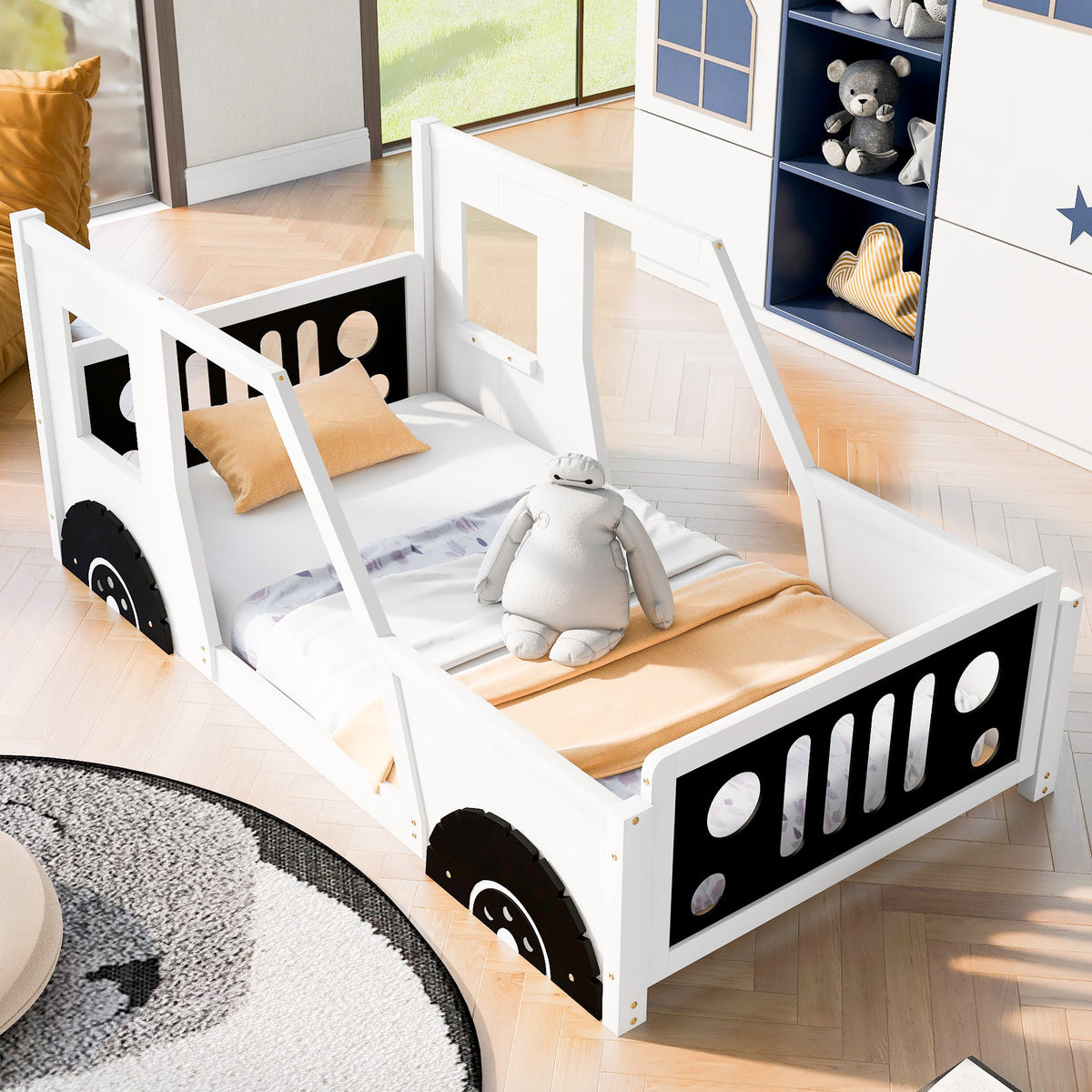 Twin Size Classic Car-Shaped Platform Bed with Wheels