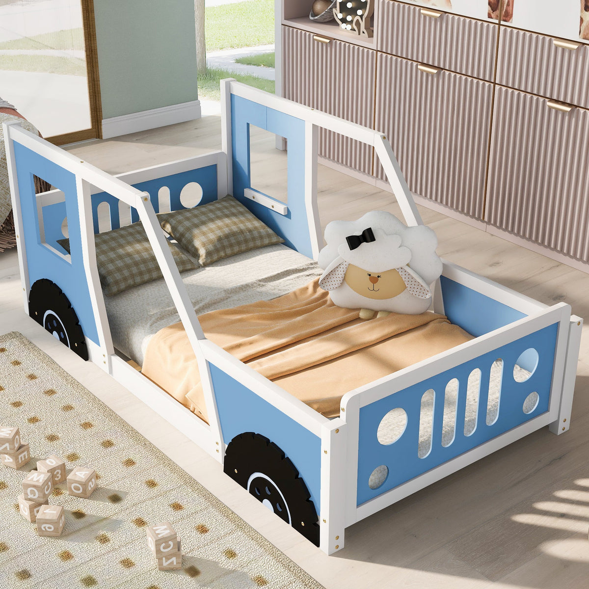 Twin Size Classic Car-Shaped Platform Bed with Wheels