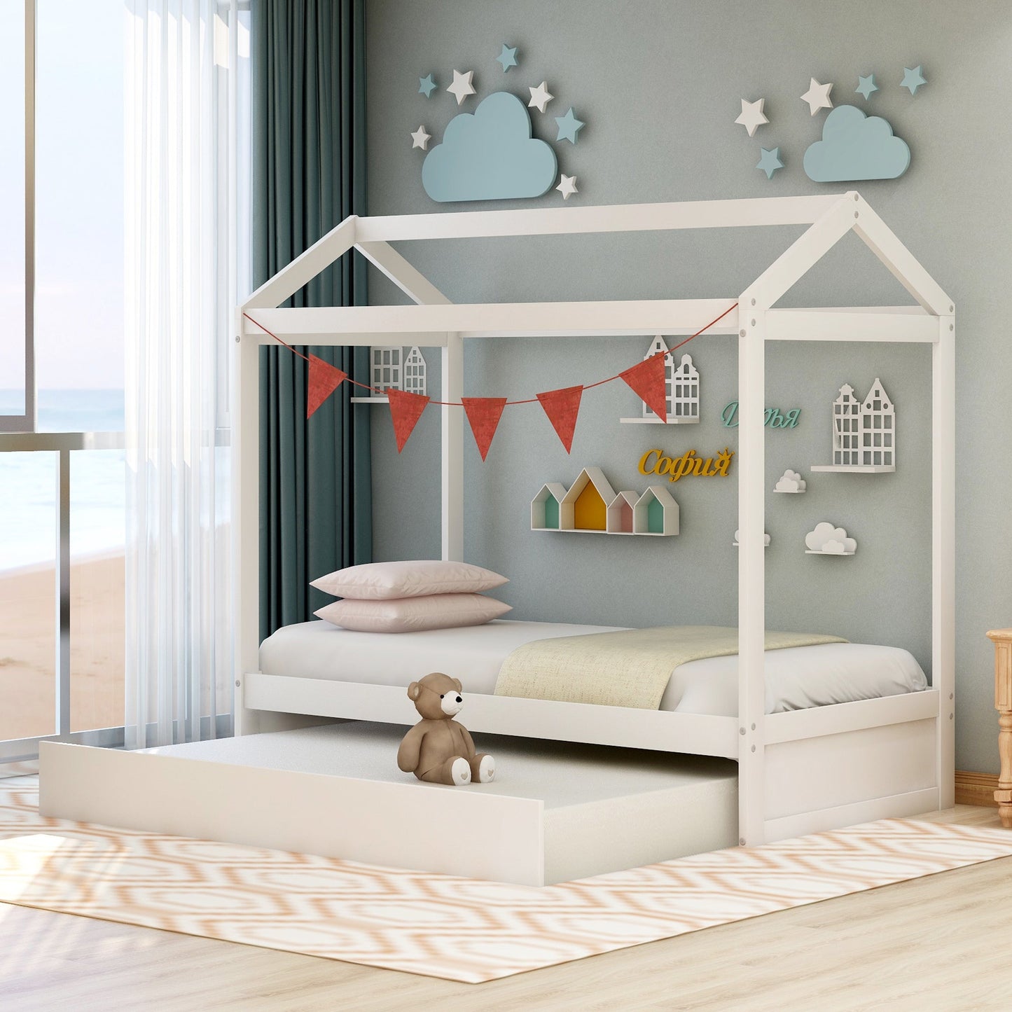 House Bed with Trundle - White, Customizable Design