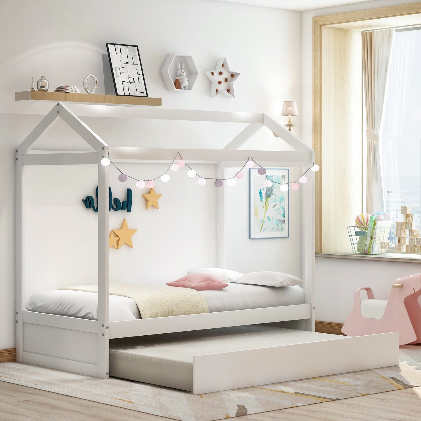 House Bed with Trundle - White, Customizable Design