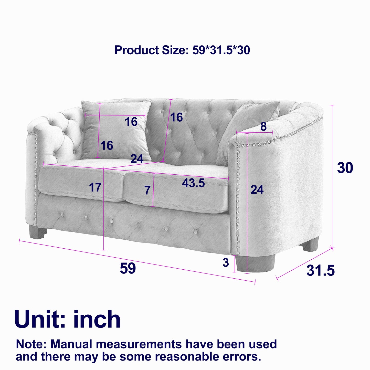 59-Inch Modern Chesterfield Velvet Sofa