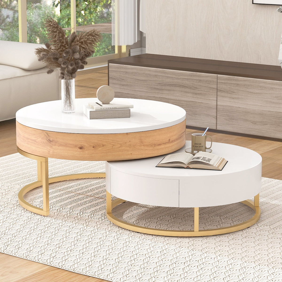 Modern Round Lift-Top Nesting Coffee Tables with 2 Drawers