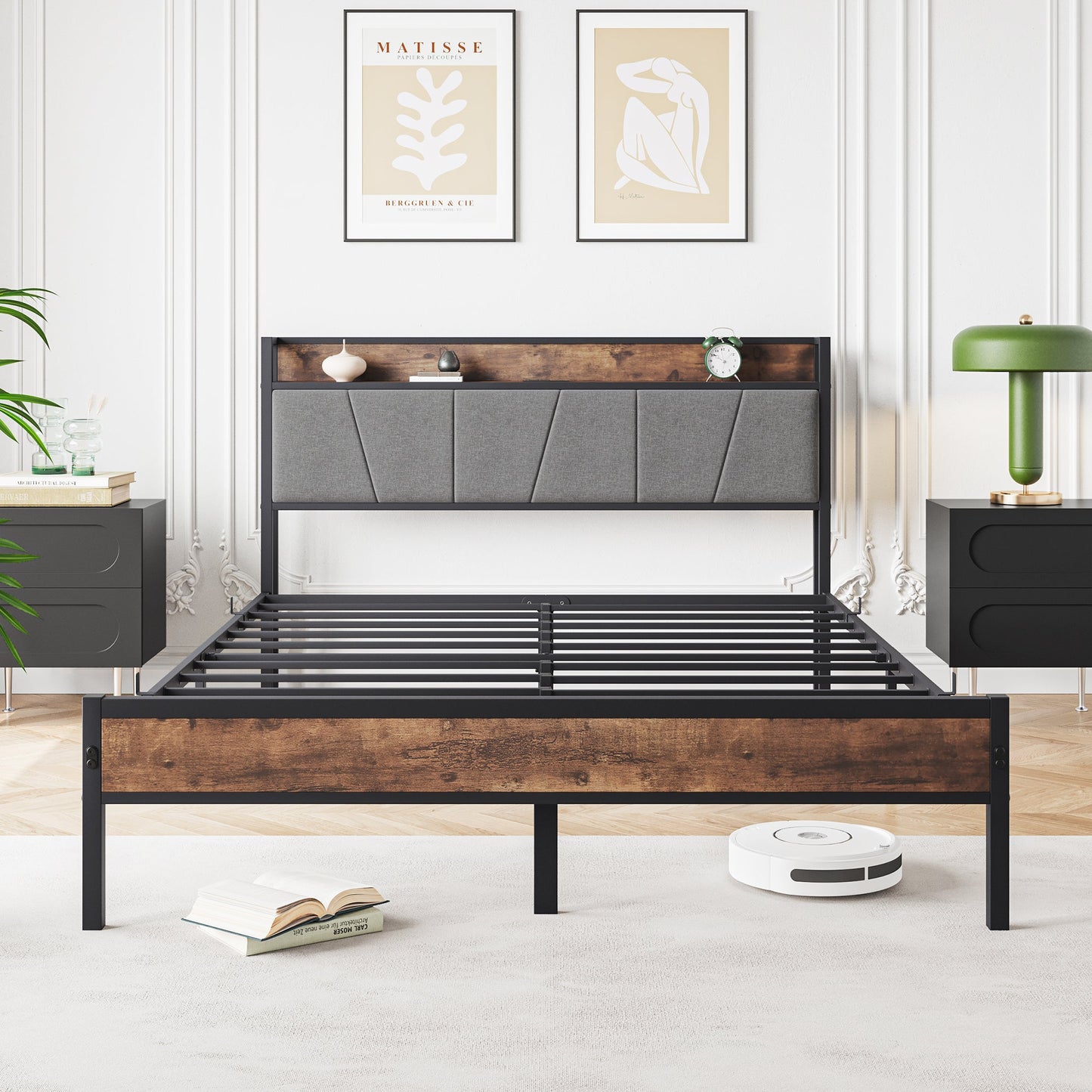 Queen Size Bed Frame with Storage Headboard