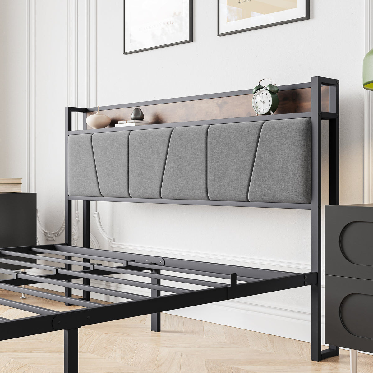 Queen Size Bed Frame with Storage Headboard