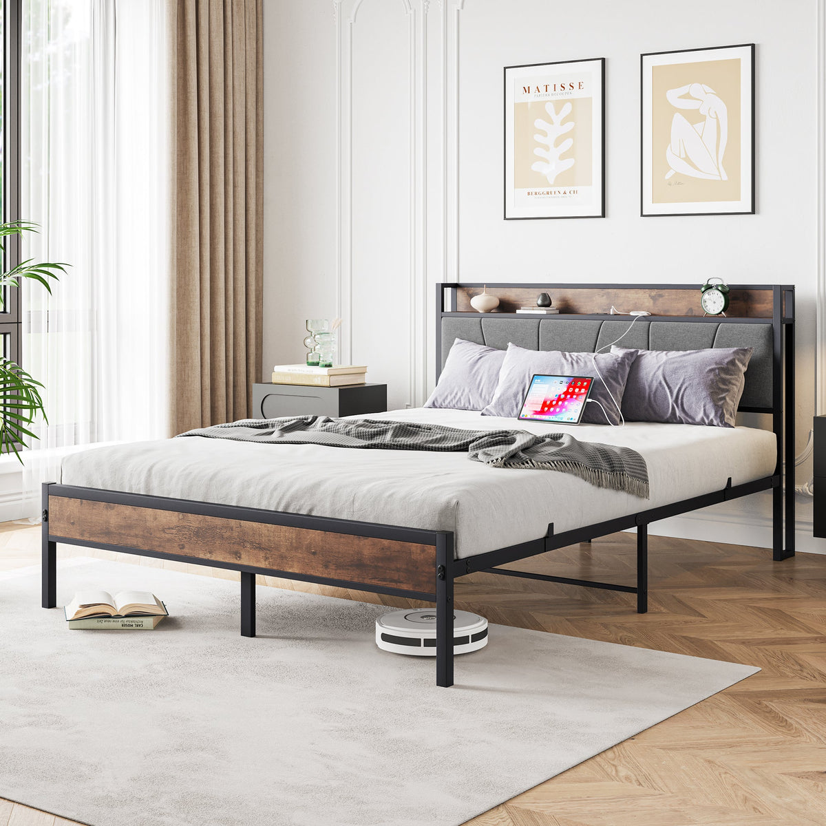 Queen Size Bed Frame with Storage Headboard