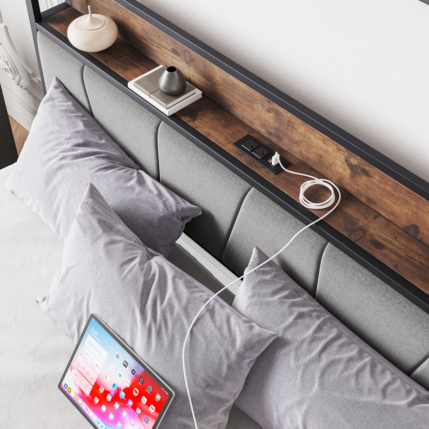 Queen Size Bed Frame with Storage Headboard