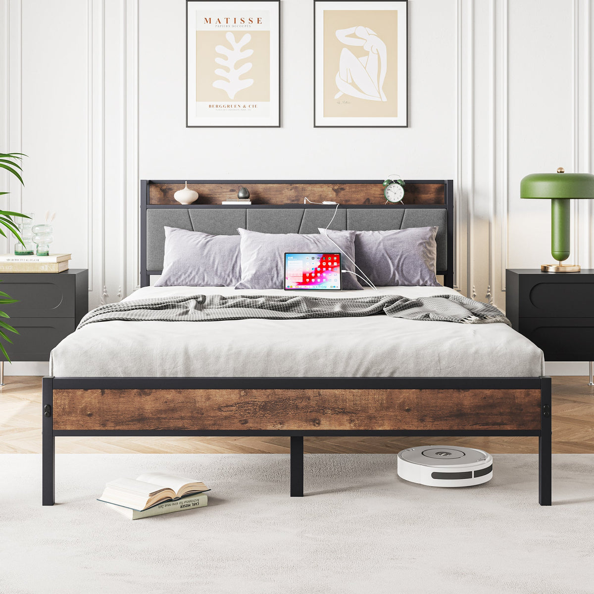 Queen Size Bed Frame with Storage Headboard