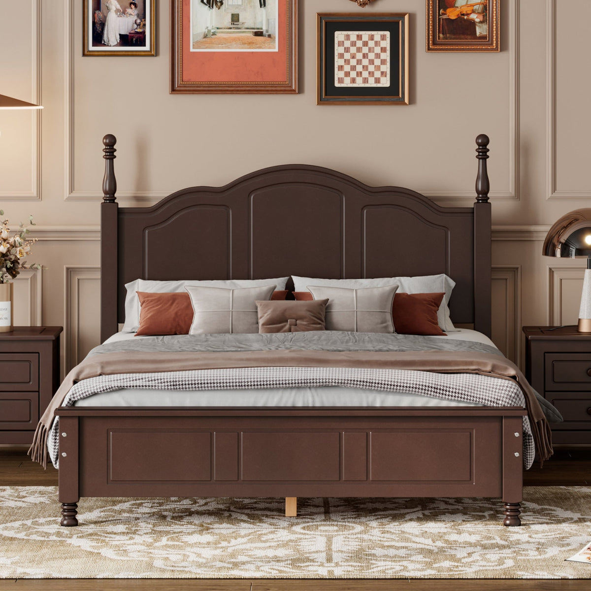 Full Size Wood Platform Bed Frame, Retro Style
