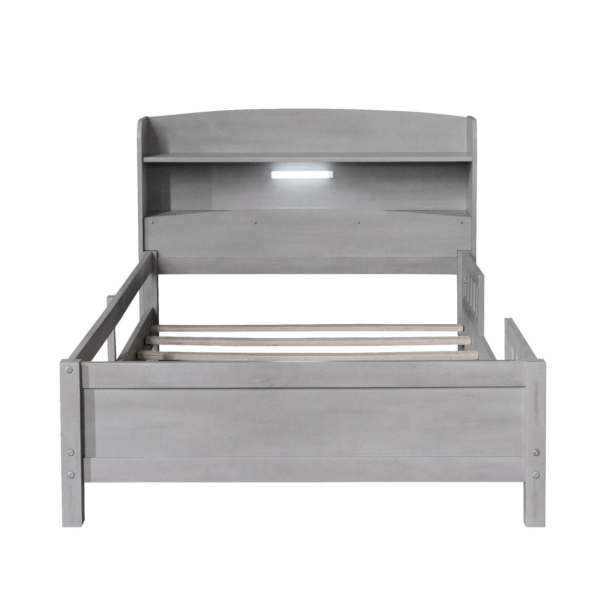 Wood Twin Size Platform Bed with Built-in LED Light, Storage Headboard and Guardrail, Antique