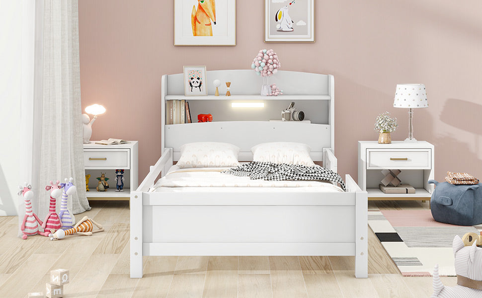 Wood Twin Size Platform Bed with Built-in LED Light, Storage Headboard and Guardrail