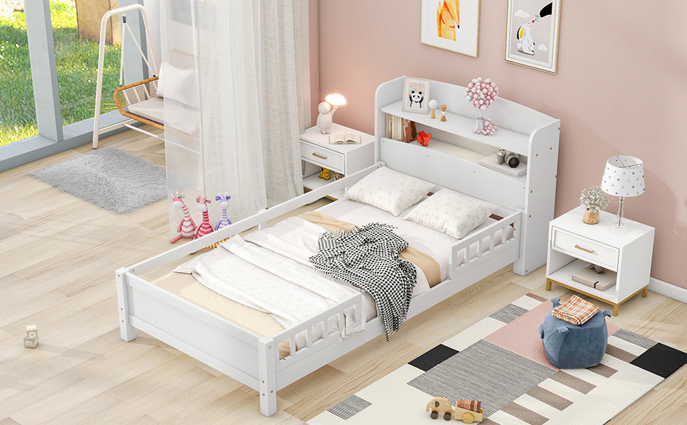 Wood Twin Size Platform Bed with Built-in LED Light, Storage Headboard and Guardrail