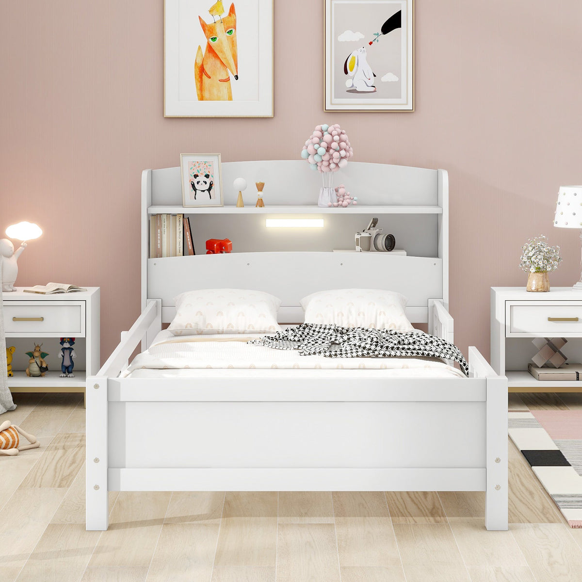 Wood Twin Size Platform Bed with Built-in LED Light, Storage Headboard and Guardrail