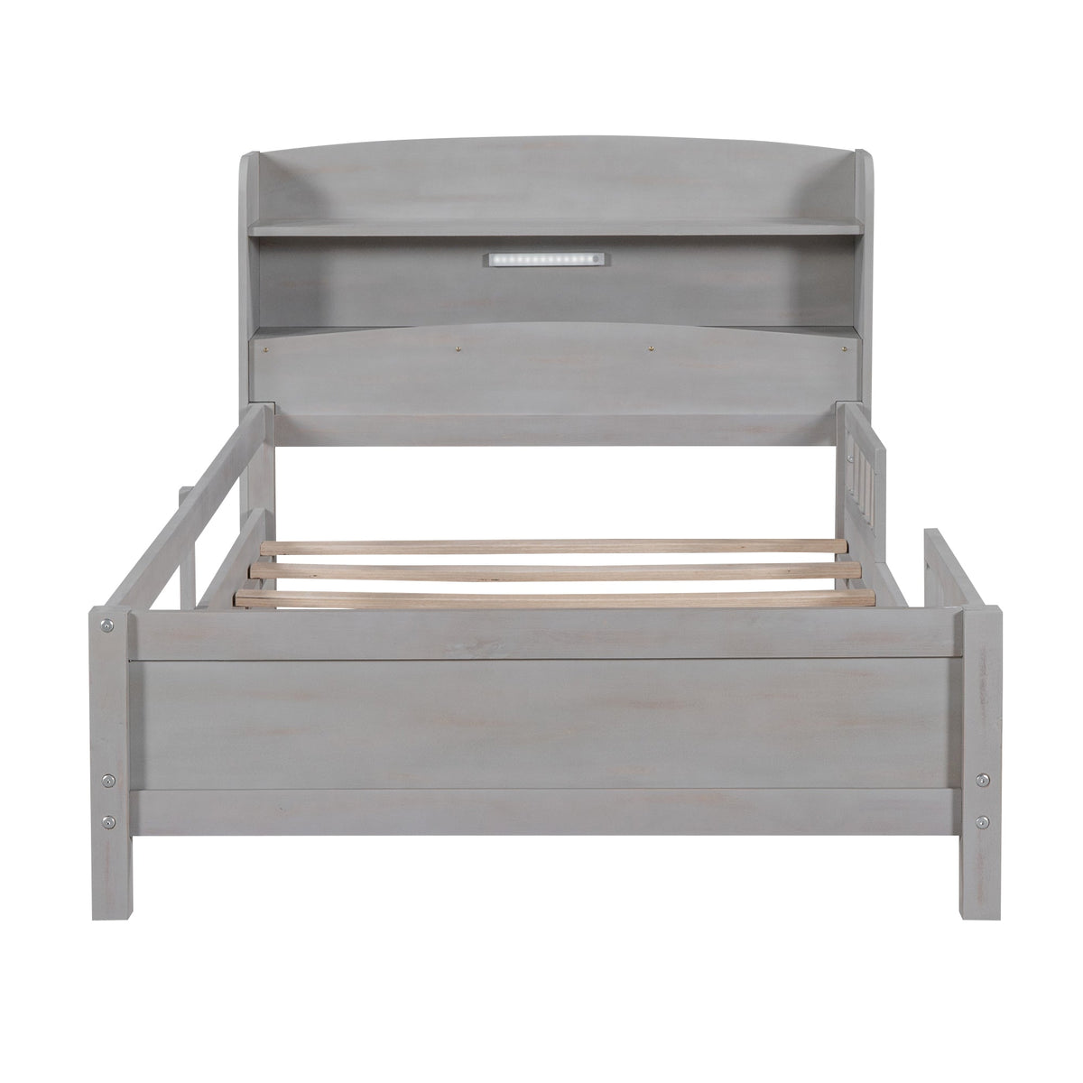 Wood Twin Size Platform Bed with Built-in LED Light, Storage Headboard and Guardrail, Antique