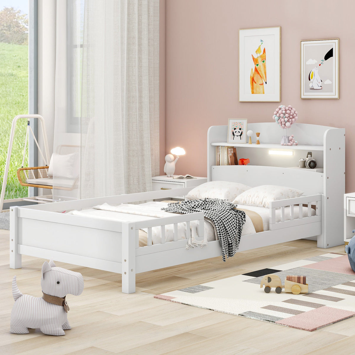 Wood Twin Size Platform Bed with Built-in LED Light, Storage Headboard and Guardrail