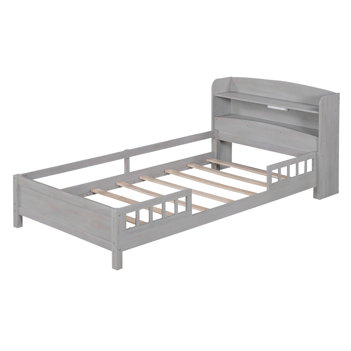 Wood Twin Size Platform Bed with Built-in LED Light, Storage Headboard and Guardrail, Antique