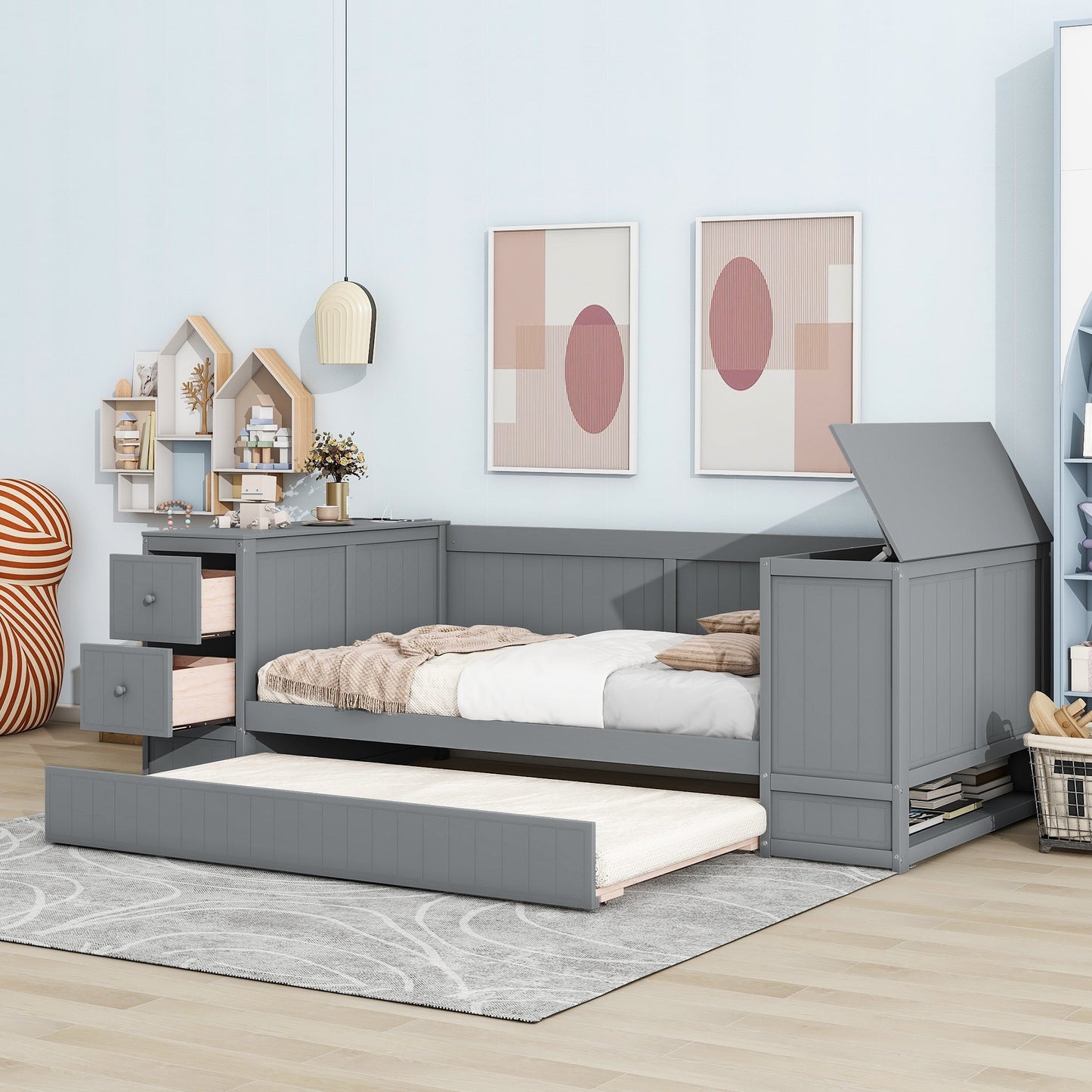 Twin Size Daybed with Storage Arms, Trundle and Charging Station