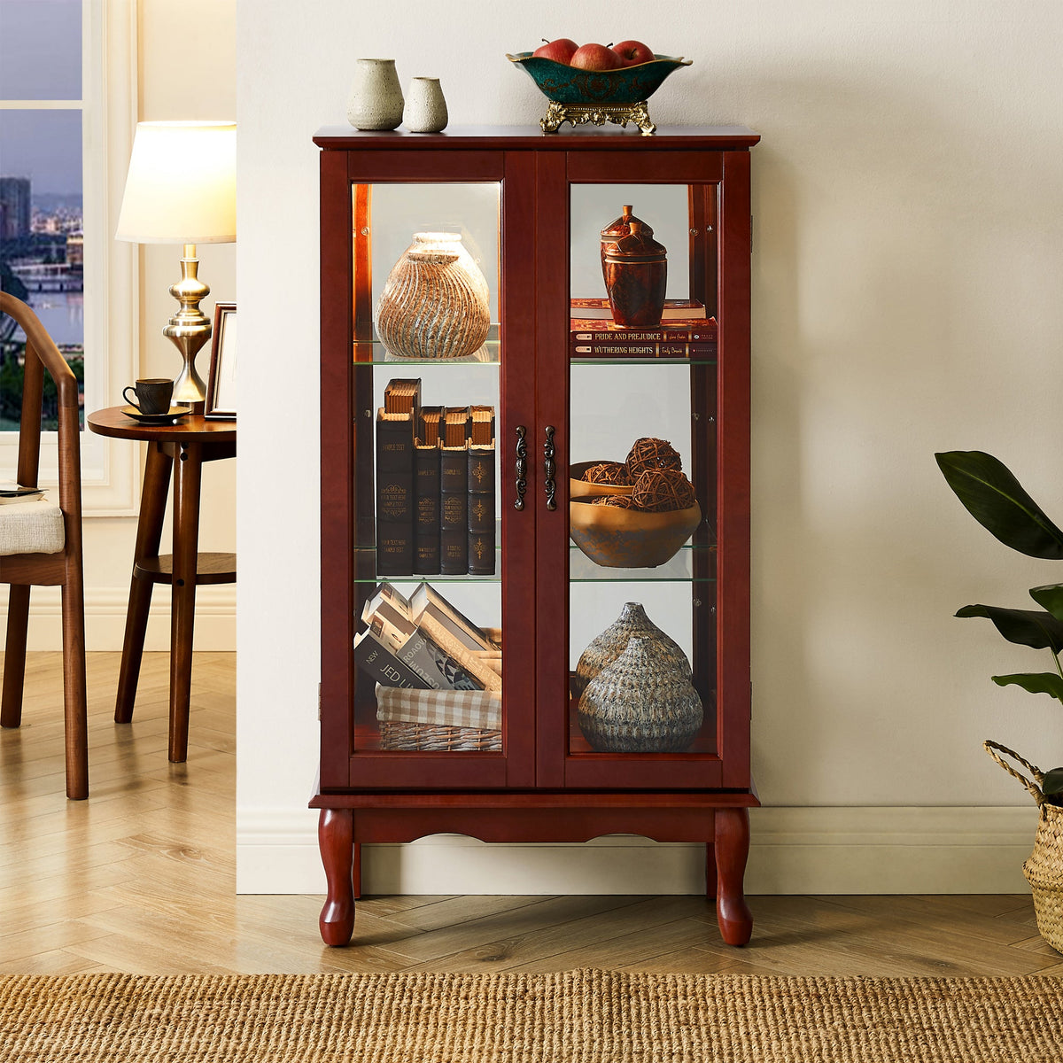 Lighted Cherry Curio Cabinet with Adjustable Shelves