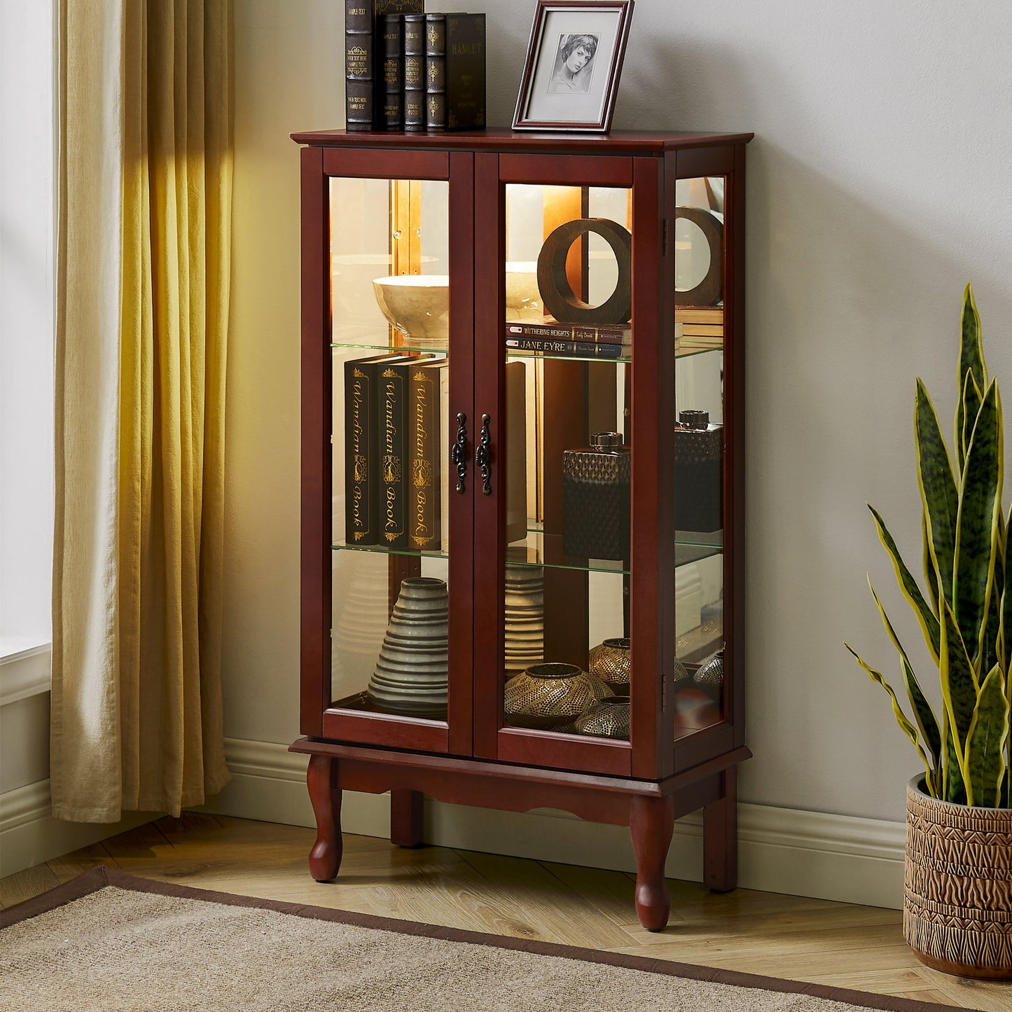 Lighted Cherry Curio Cabinet with Adjustable Shelves