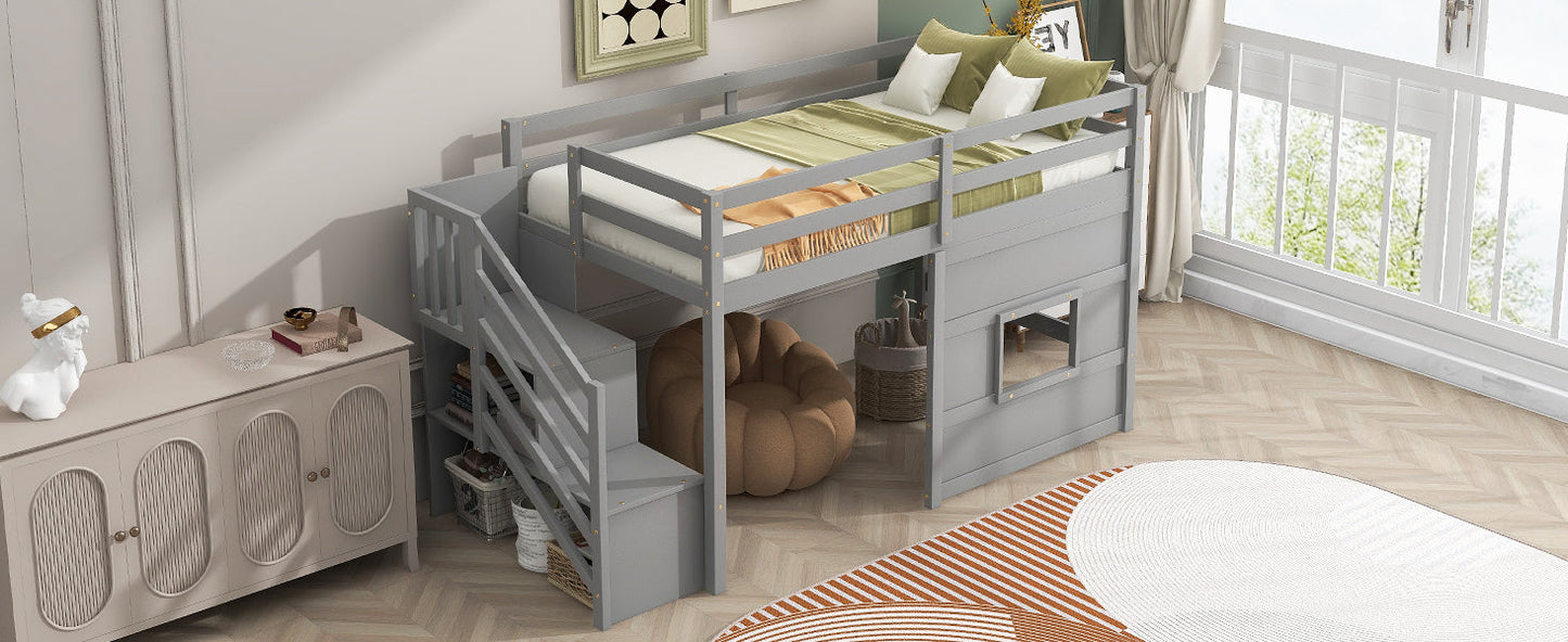 Twin Size Loft Bed with Storage Staircase and Window