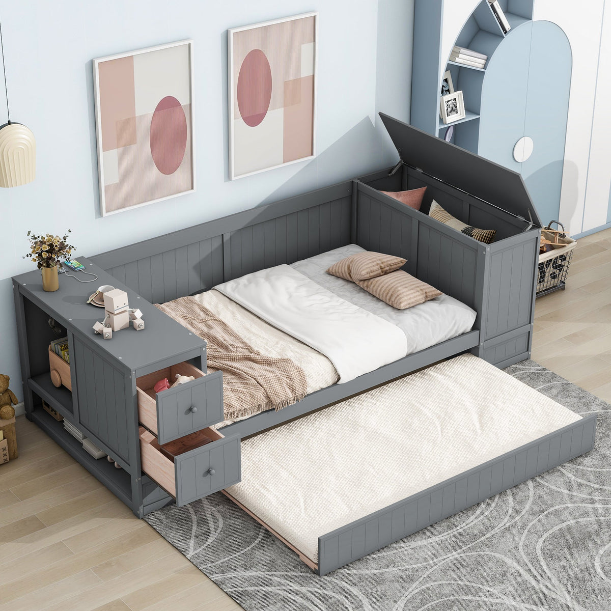 Twin Size Daybed with Storage Arms, Trundle and Charging Station