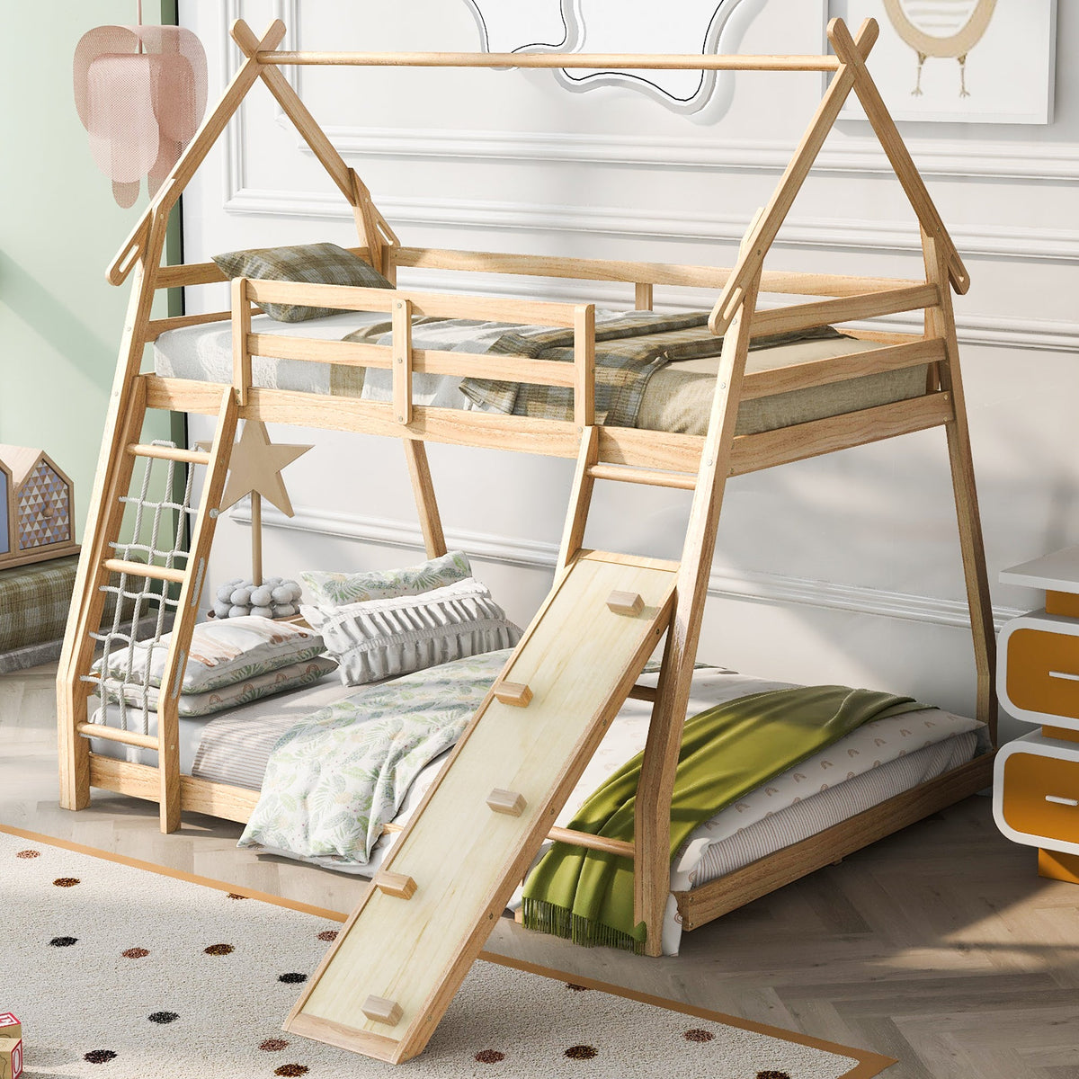 Twin Over Queen House Bunk Bed with Climbing Nets and Climbing Ramp