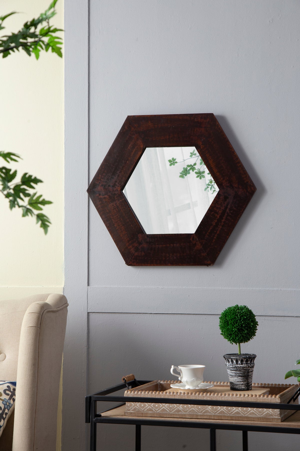 18.5" x 18.5" Hexagon Mirror with Solid Wood Frame