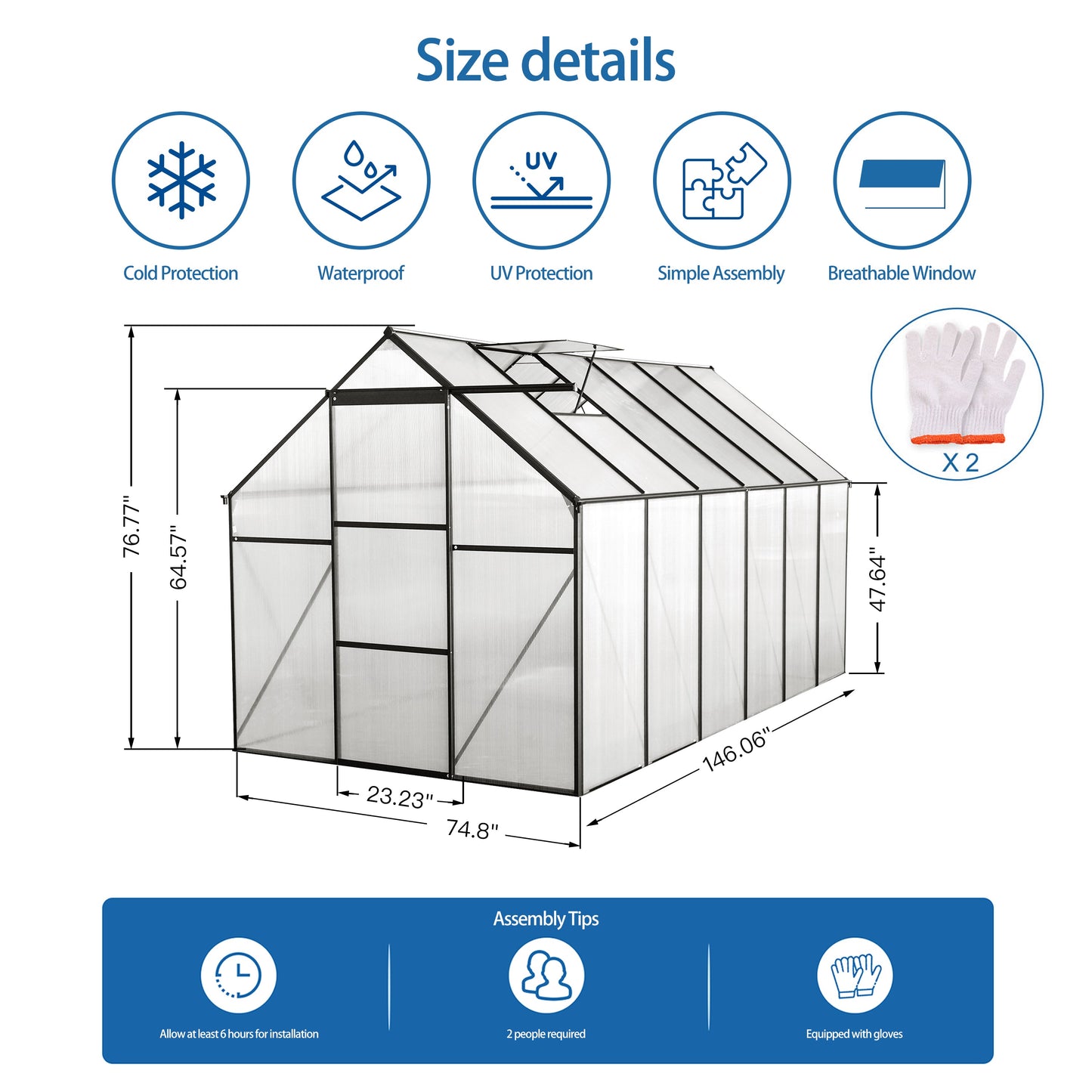 6x12 FT Polycarbonate Greenhouse with Raised Base
