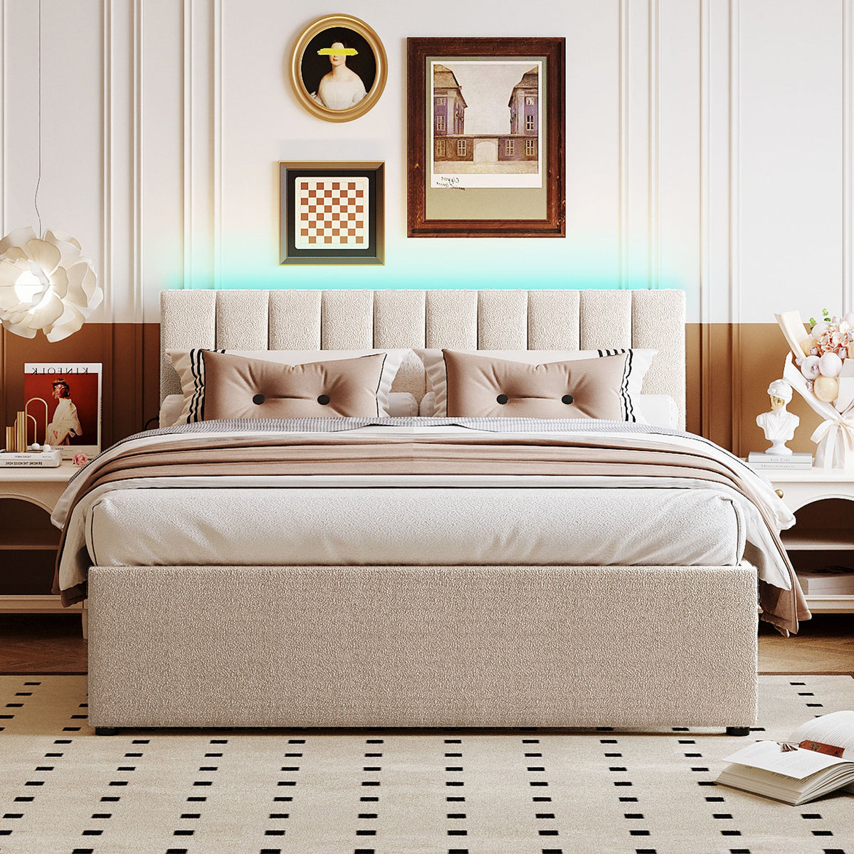 Teddy Fleece Queen Size Upholstered Platform Bed with Twin XL Trundle