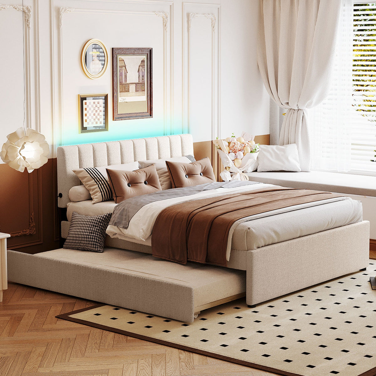 Teddy Fleece Queen Size Upholstered Platform Bed with Twin XL Trundle