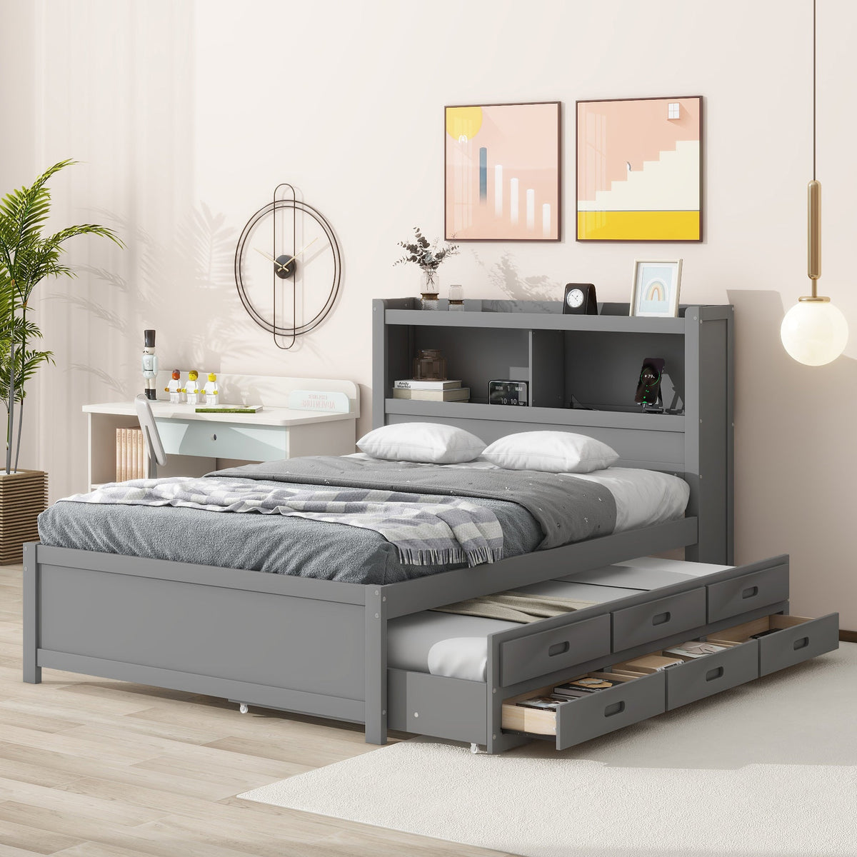 Full Size Platform Bed With Trundle, Drawers and USB Plugs