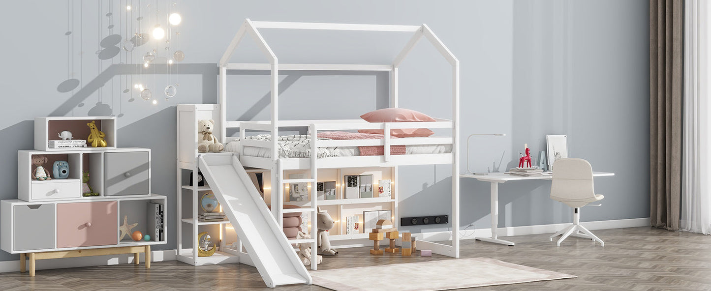 Twin Size Wood House Loft Bed with Slide, Storage Shelves, and Light