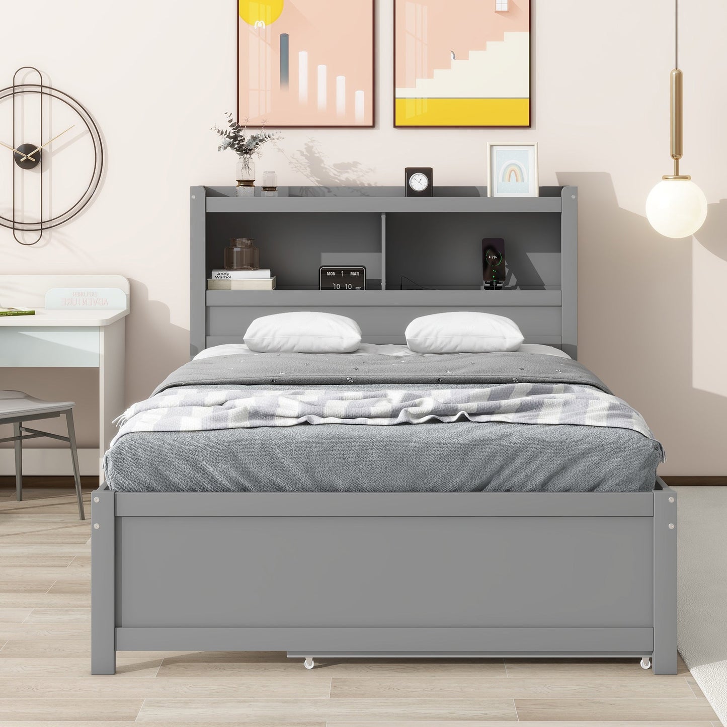Full Size Platform Bed With Trundle, Drawers and USB Plugs
