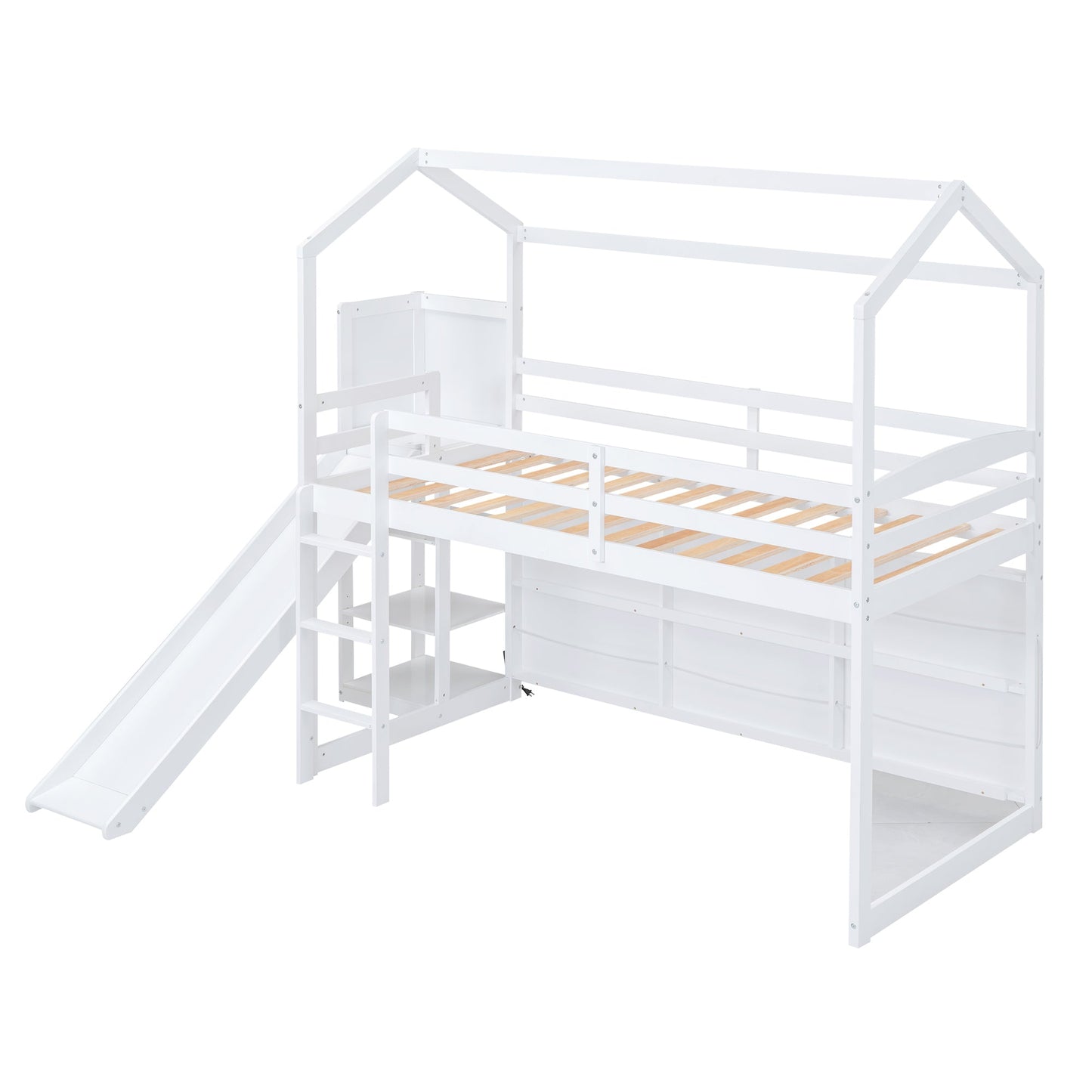 Twin Size Wood House Loft Bed with Slide, Storage Shelves, and Light