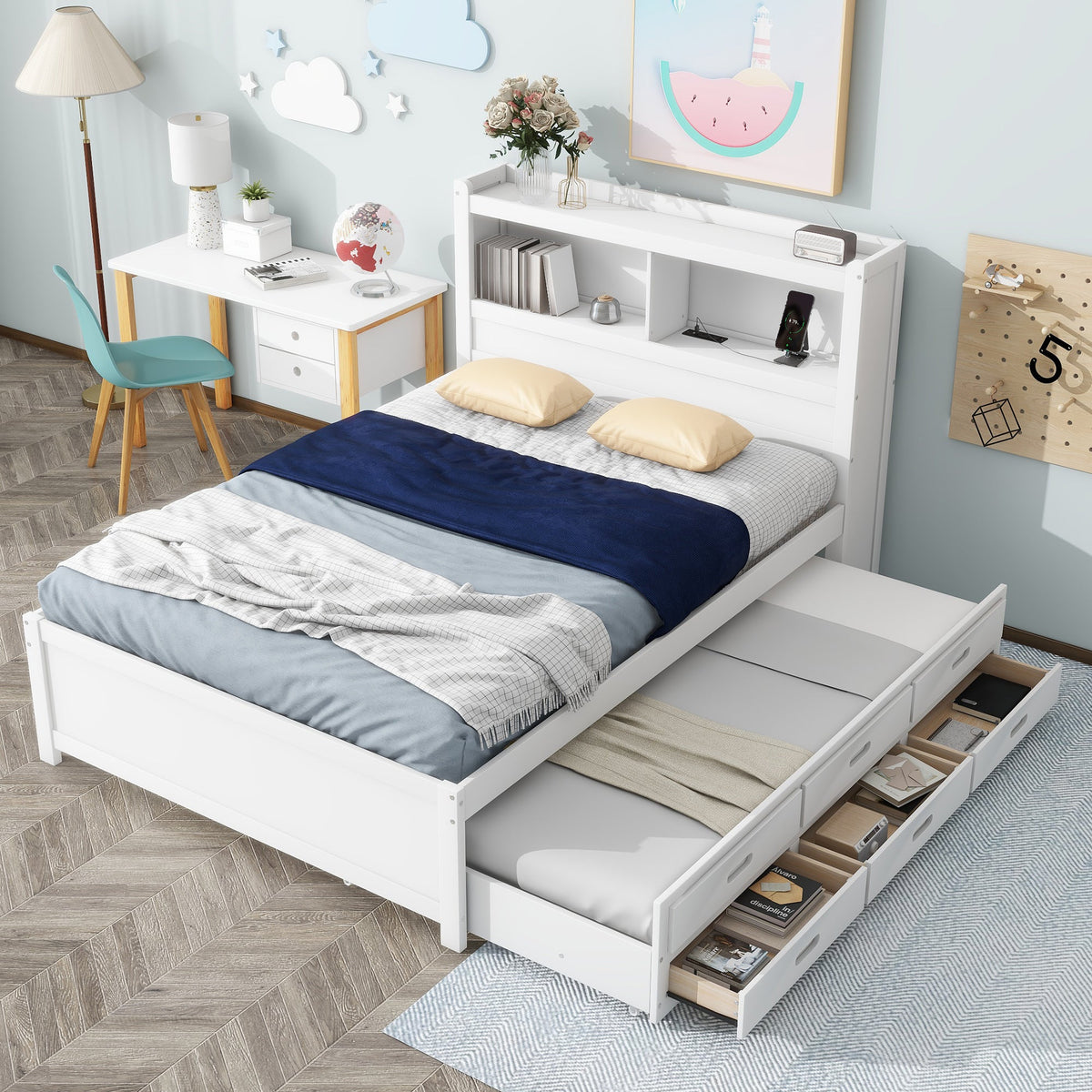 Full Size Platform Bed With Trundle, Drawers and USB Plugs