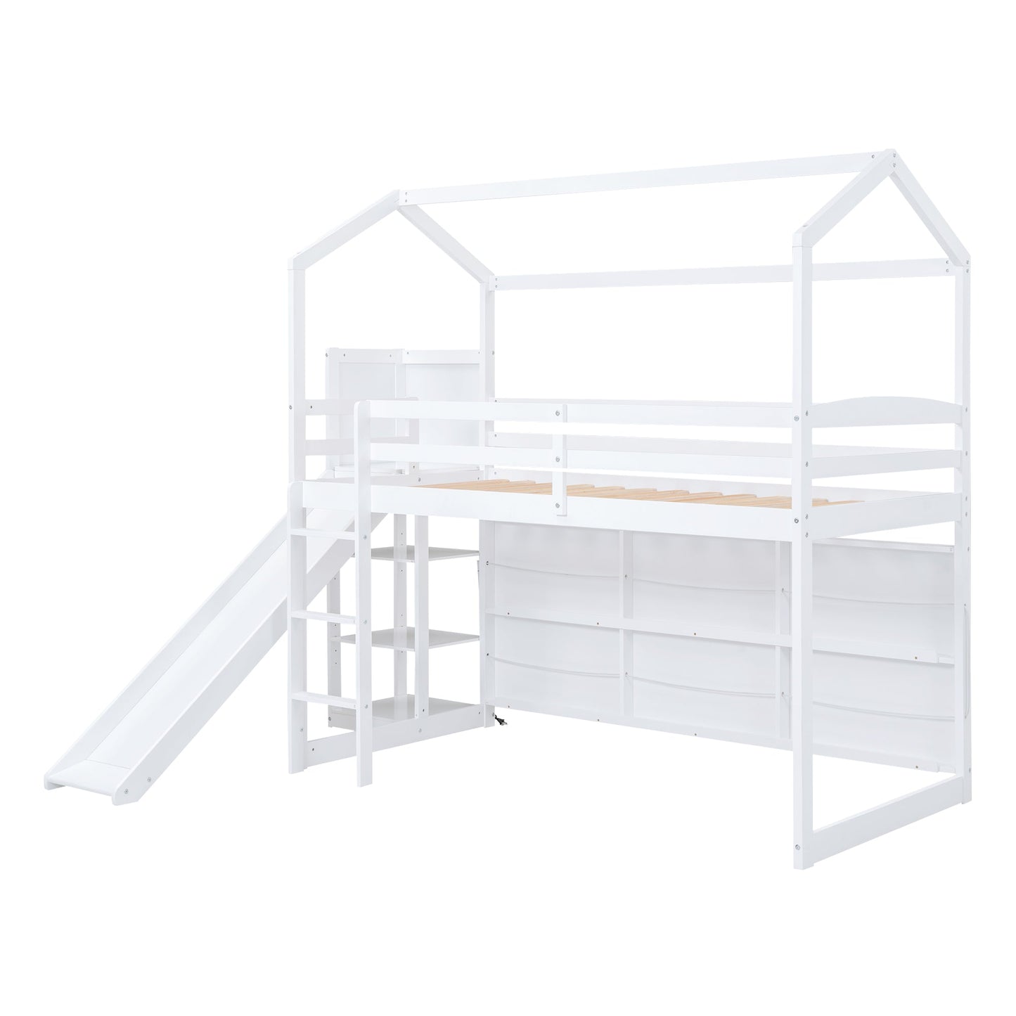 Twin Size Wood House Loft Bed with Slide, Storage Shelves, and Light